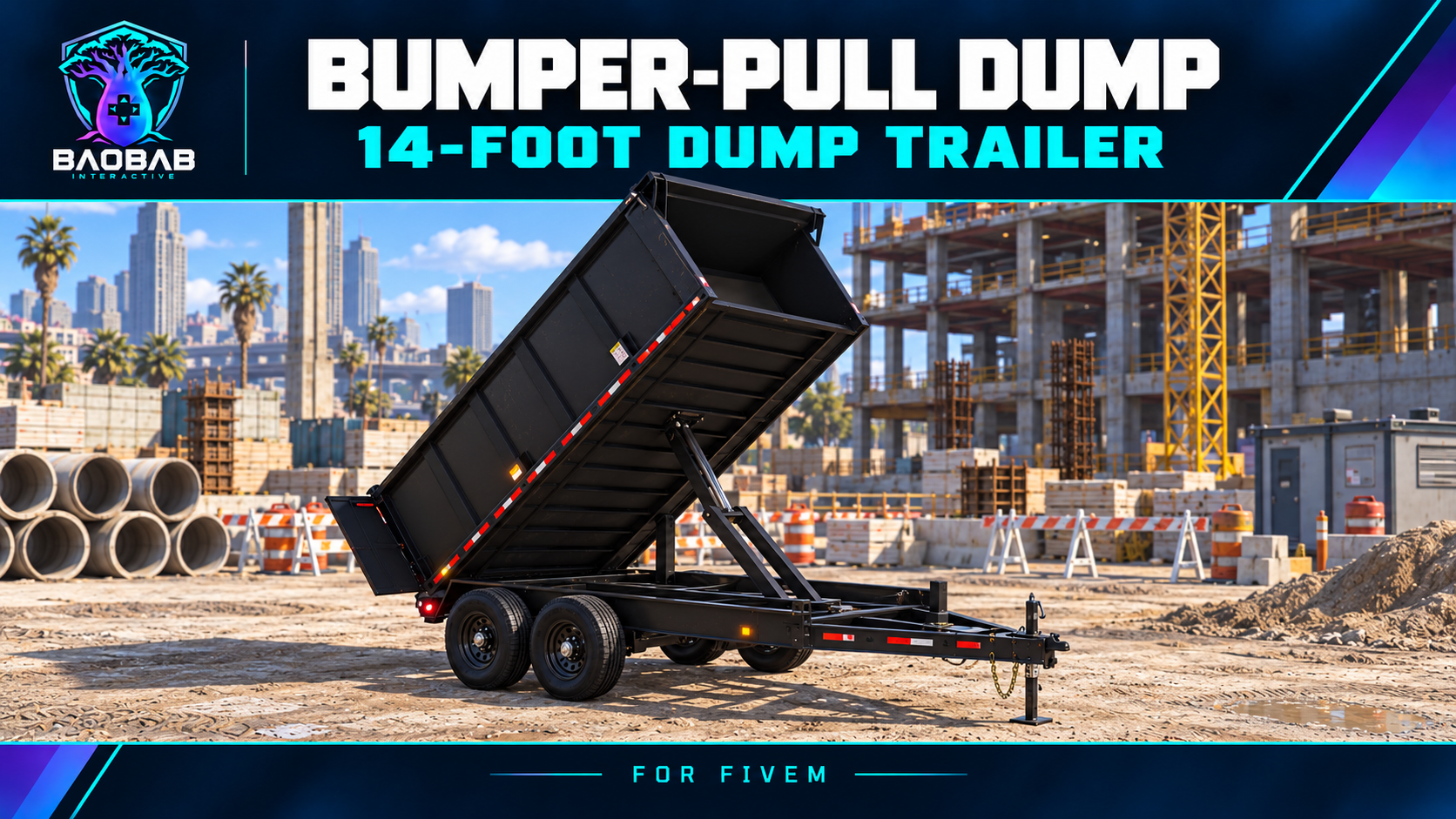 Bumper-Pull Dump Trailer cover with Baobab branding, showing the trailer at a construction yard.