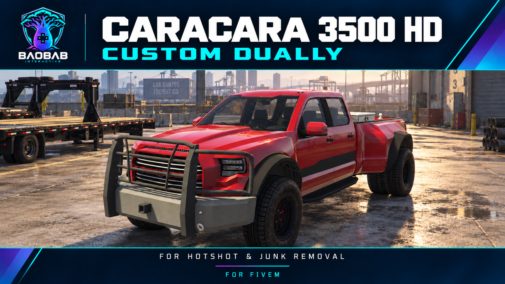 Caracara 3500 HD custom dually cover featuring the red work truck in a freight yard, with Baobab navy, cyan, and purple branding.