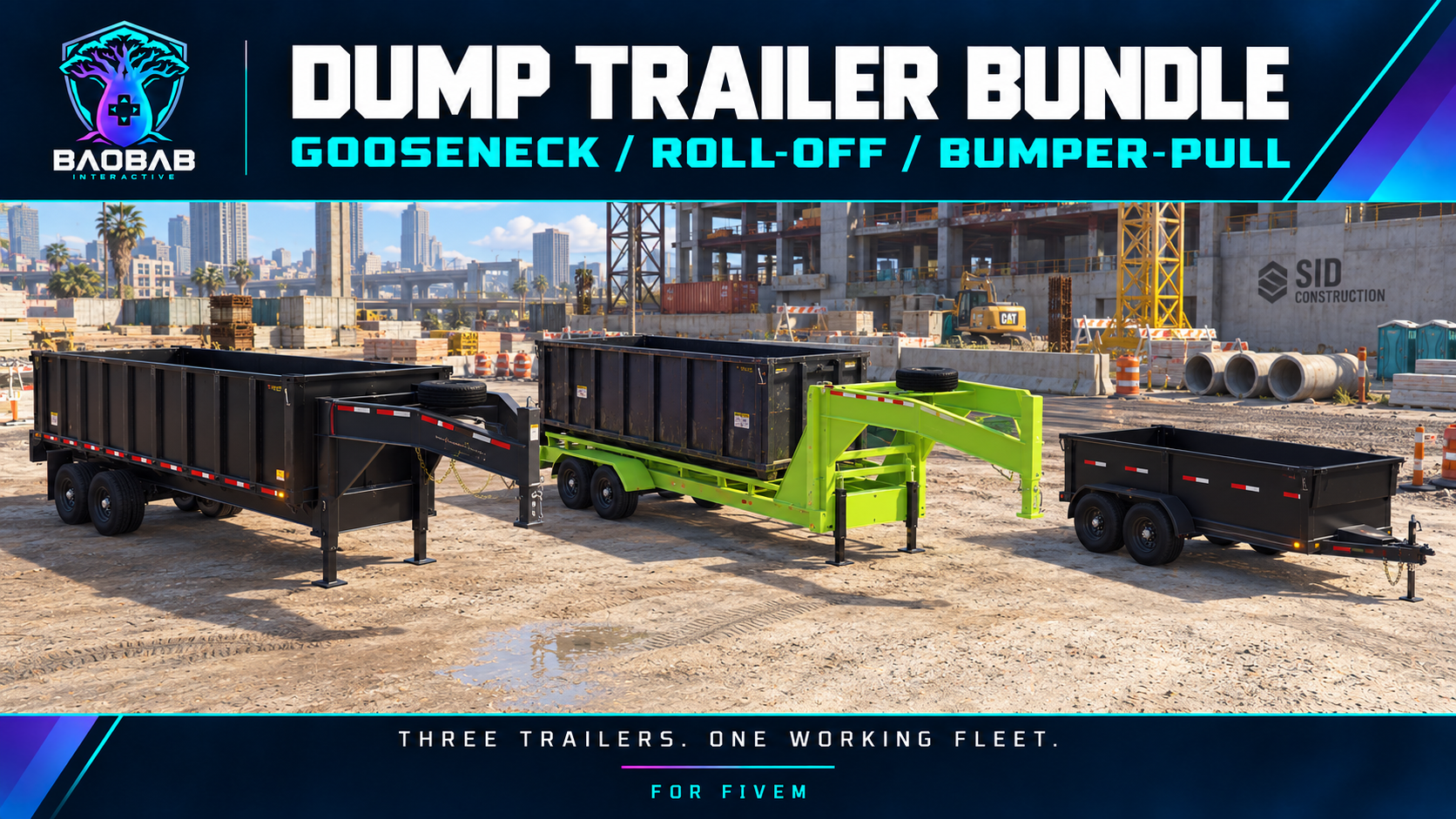 Baobab Dump Trailer Bundle showing the gooseneck dump, roll-off, and bumper-pull trailers.