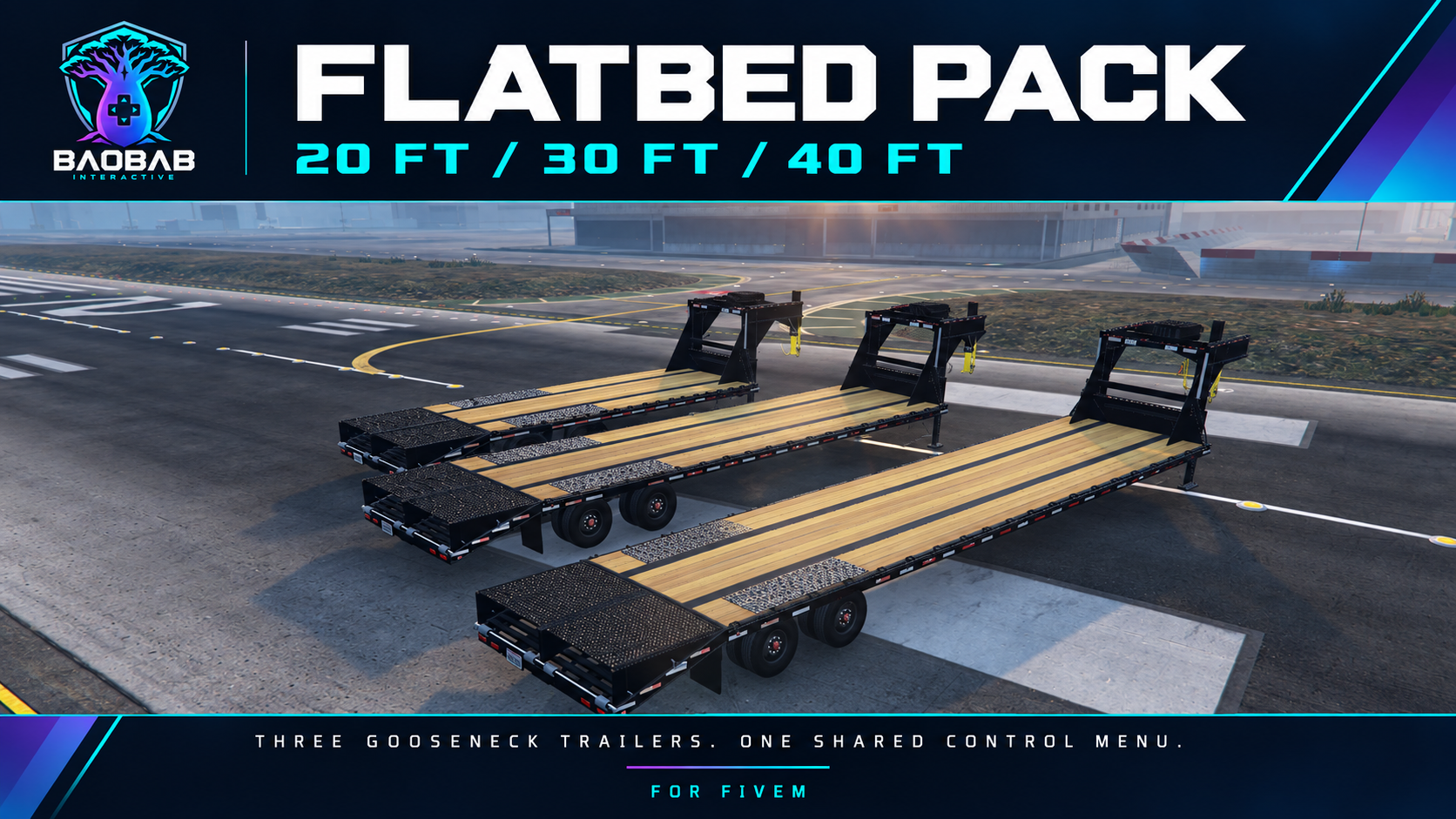 Baobab flatbed pack showing three gooseneck trailers in 20, 30, and 40-foot deck lengths.