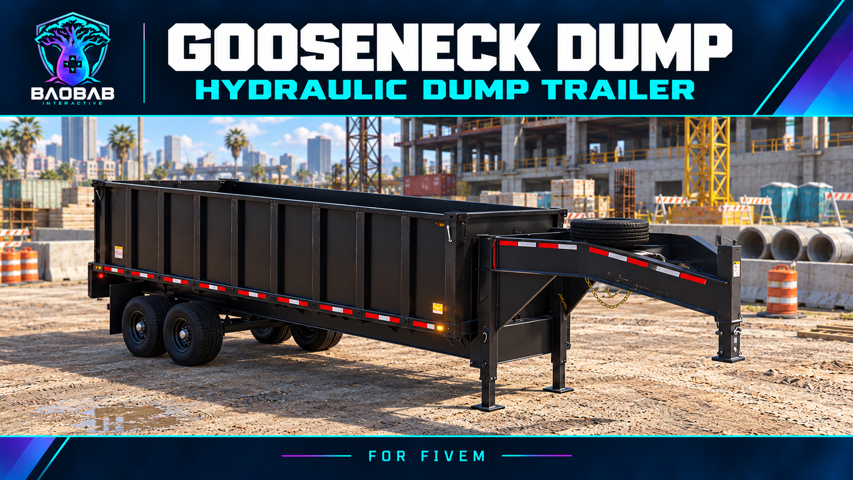 Gooseneck Dump Trailer cover with Baobab branding, showing the trailer at a construction yard.