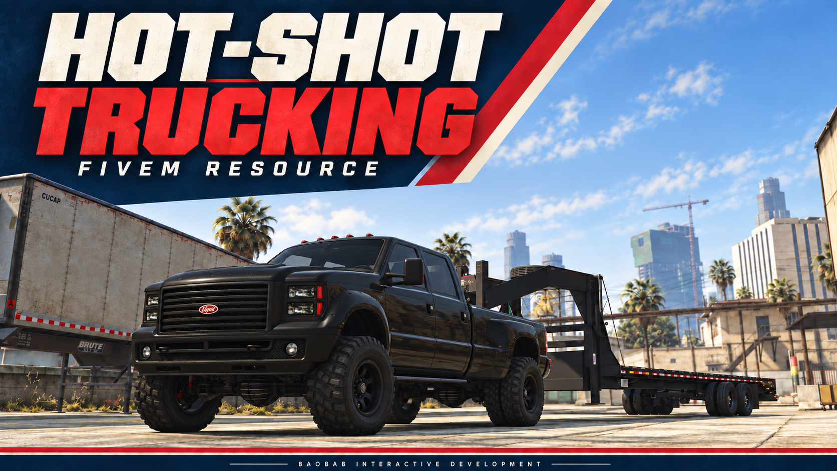 Hot-Shot Trucking cover featuring a black GTA V Vapid Sandking XL towing an unbranded gooseneck flatbed in Los Santos