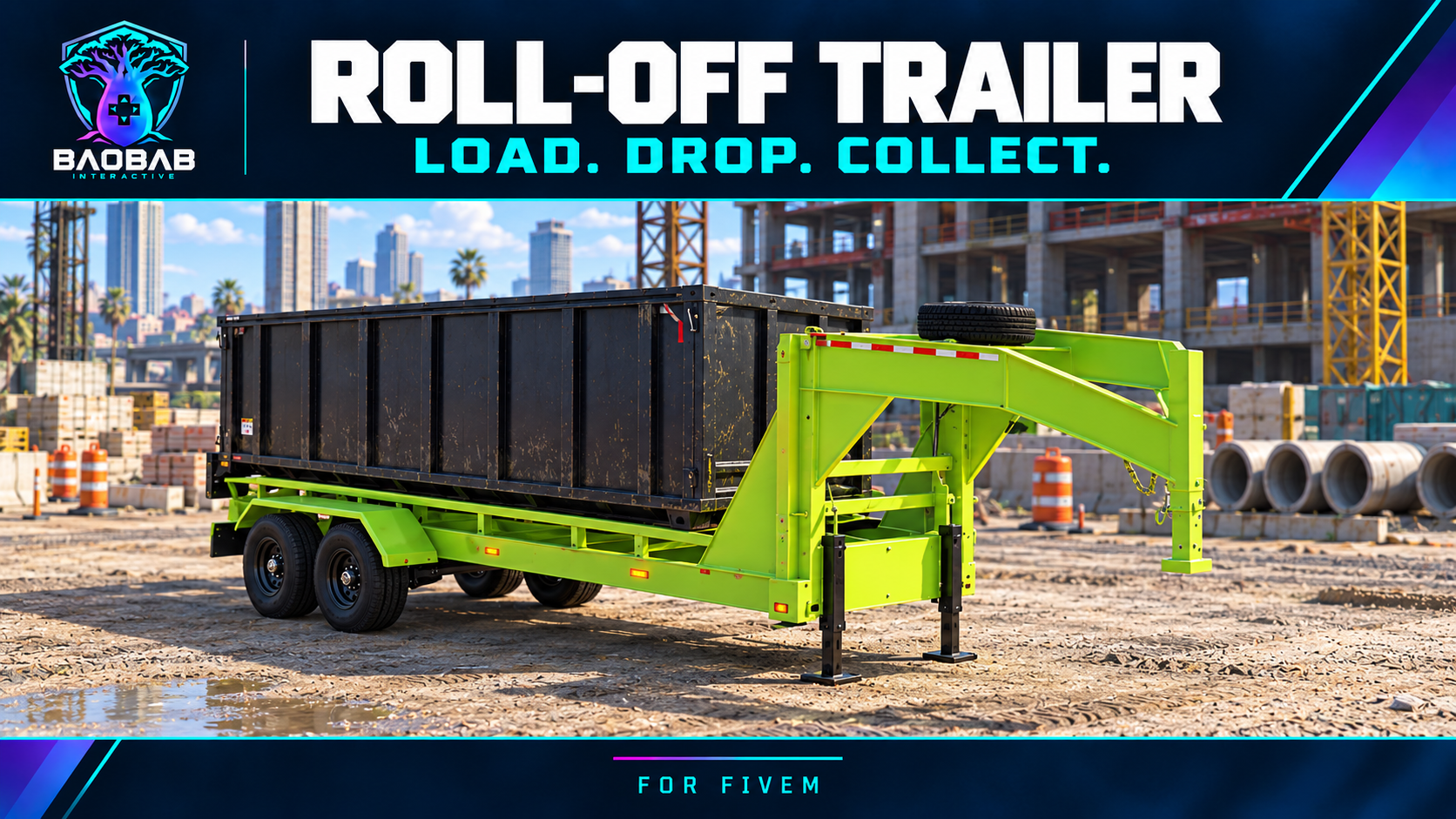 Roll-Off Trailer cover with Baobab branding, showing the trailer at a construction yard.